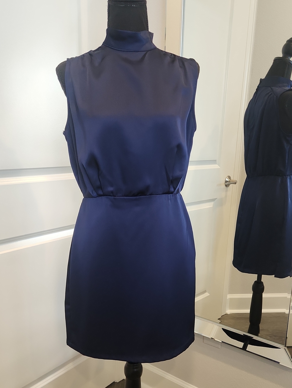 Lulu's Navy Sleeveless Satin Mock-Neck Dress